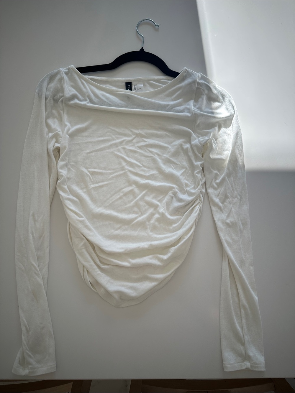 H&M Ruched Long-Sleeve Boatneck Top - White